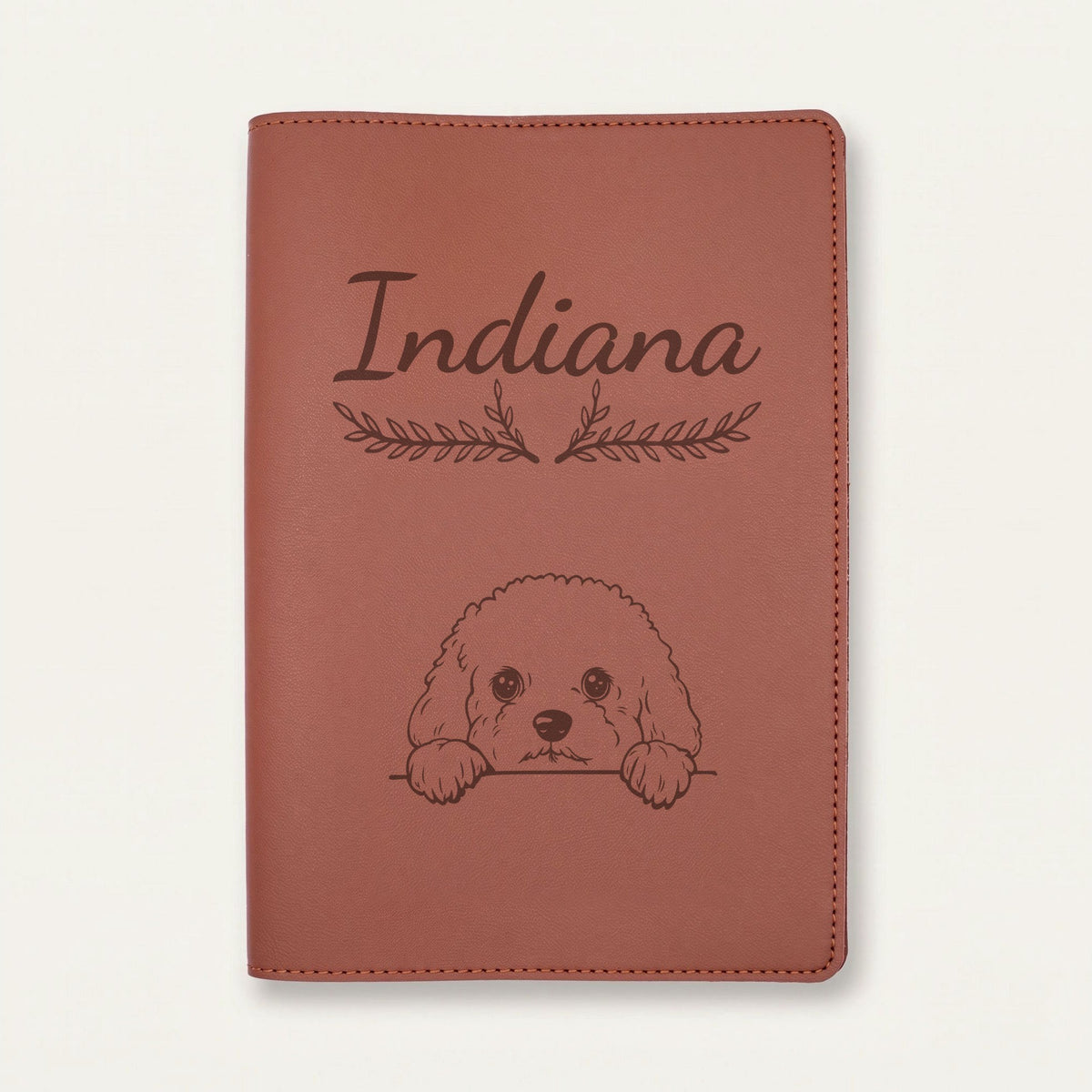 Protège carnet de santé chien personnalisé – Bichon frisé — Chocolat — Bouquet — gravure « Indiana »
