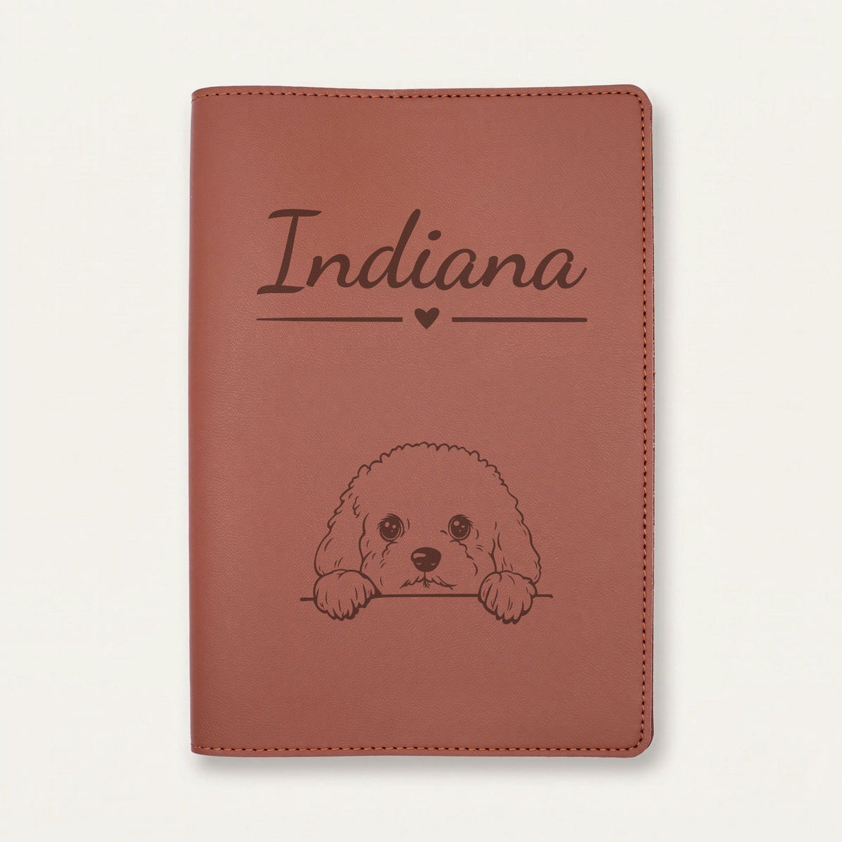 Protège carnet de santé chien personnalisé – Bichon frisé — Chocolat — Cœur — gravure « Indiana »