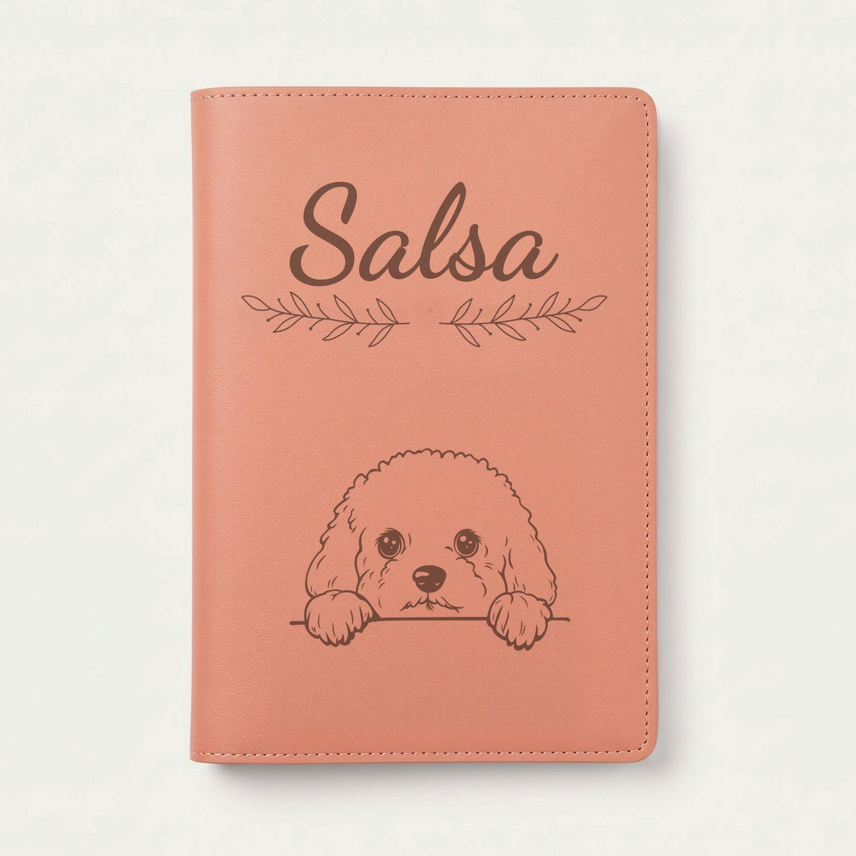 Protège carnet de santé chien personnalisé – Bichon frisé — Terracotta — Rameaux — gravure « Salsa »