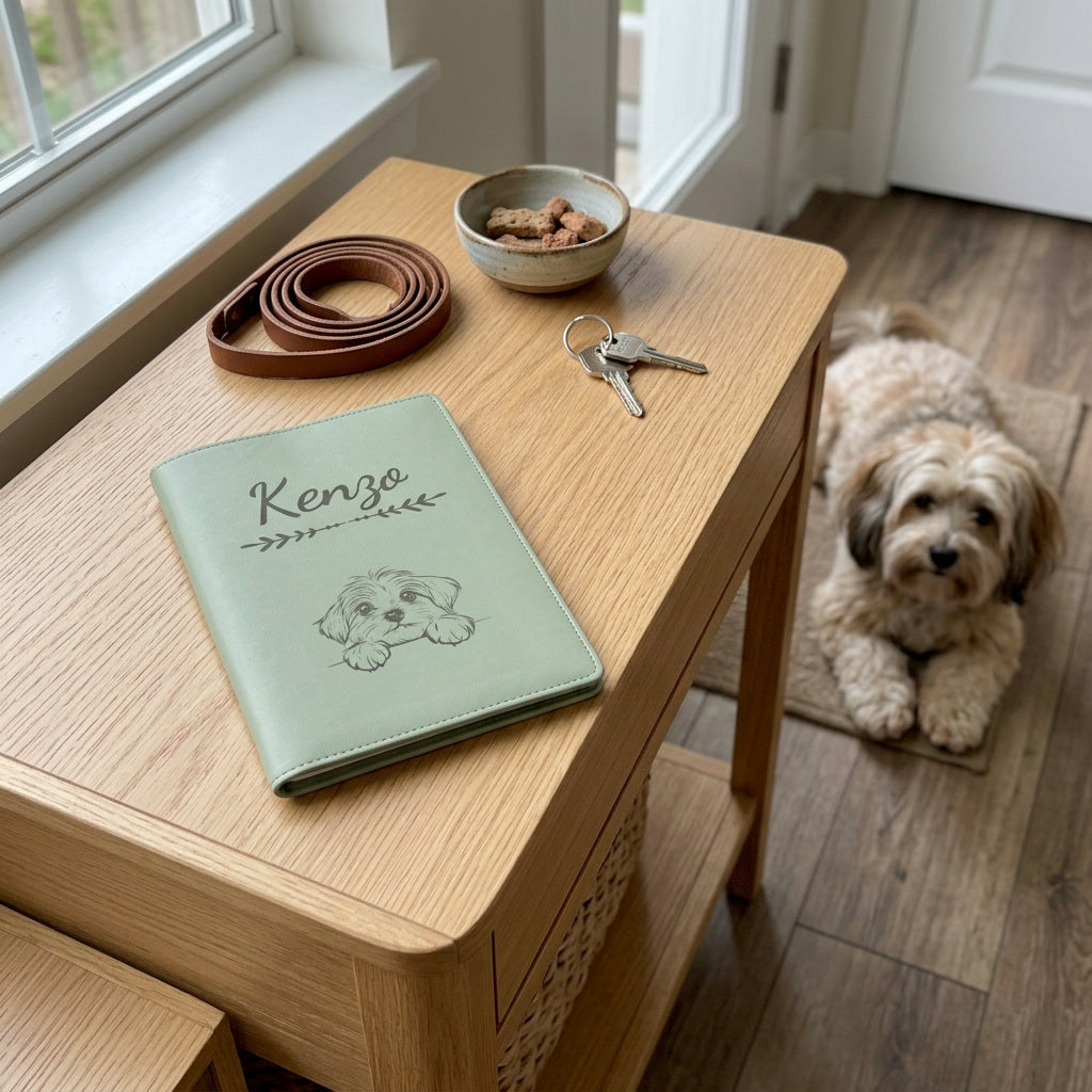Protège carnet de santé chien personnalisé – Bichon havanais — fermé, gravé « Kenzo » avec le bichon havanais, sur une console d'entrée à côté d'une laisse, un bichon havanais couché à côté (visuel de mise en scène, coloris Vert sauge)