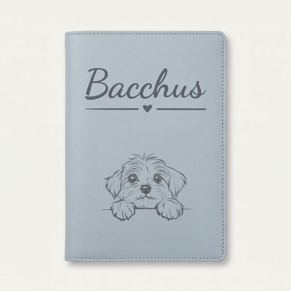 Protège carnet de santé chien personnalisé – Bichon havanais — Bleu nuage — Cœur — gravure « Bacchus »