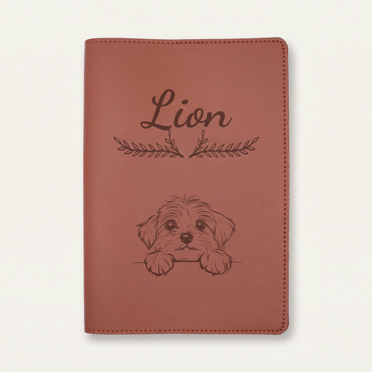 Protège carnet de santé chien personnalisé – Bichon havanais — Chocolat — Bouquet — gravure « Lion »