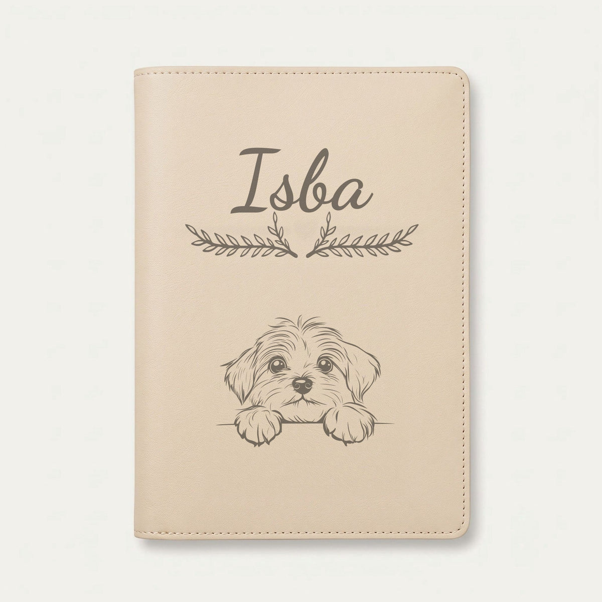 Protège carnet de santé chien personnalisé – Bichon havanais — Crème vanille — Bouquet — gravure « Isba »