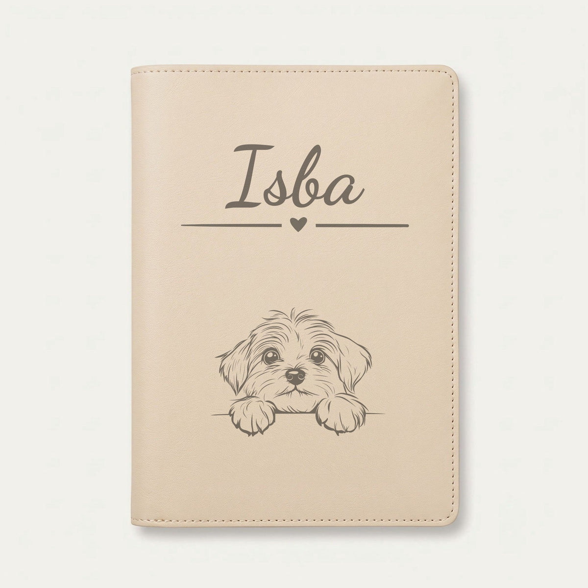 Protège carnet de santé chien personnalisé – Bichon havanais — Crème vanille — Cœur — gravure « Isba »