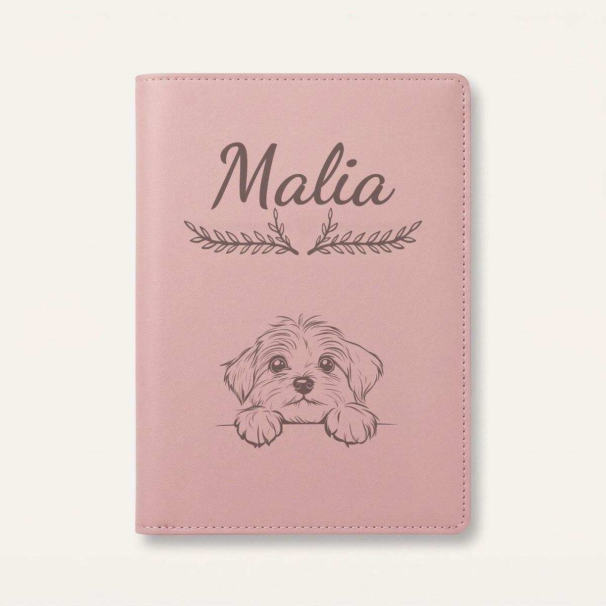 Protège carnet de santé chien personnalisé – Bichon havanais — Rose dragée — Bouquet — gravure « Malia »