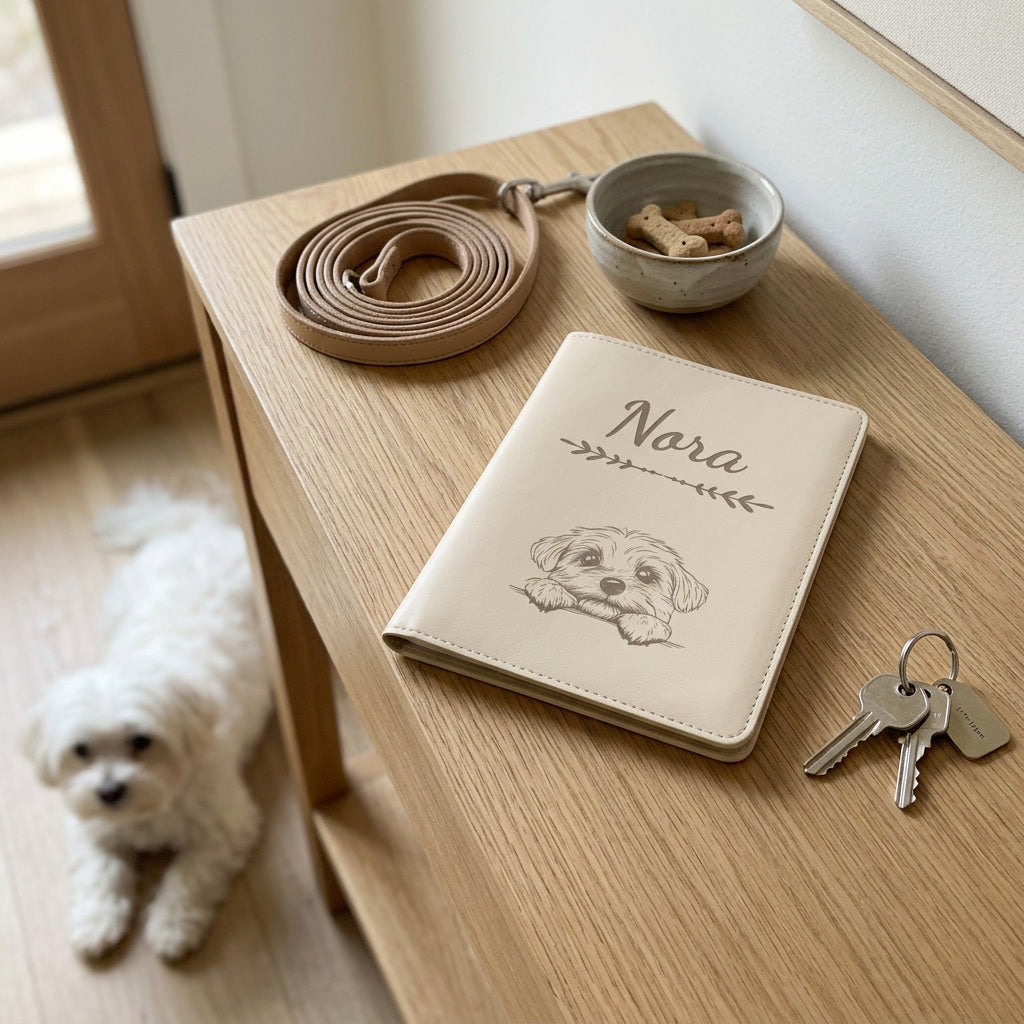 Protège carnet de santé chien personnalisé – Bichon maltais — fermé, gravé « Nora » avec le bichon maltais, sur une console d'entrée à côté d'une laisse, un bichon maltais couché à côté (visuel de mise en scène, coloris Crème vanille)