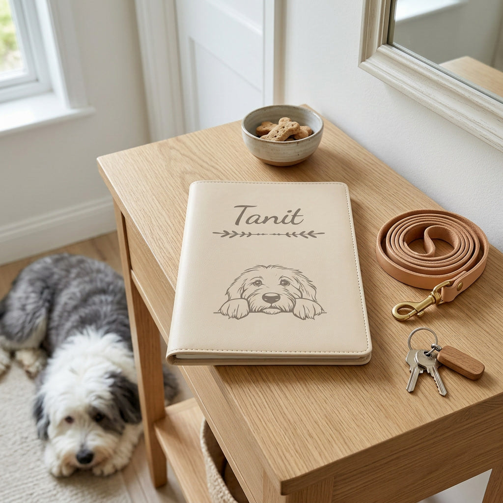 Protège carnet de santé chien personnalisé – Bobtail — fermé, gravé « Tanit » avec le bobtail, sur une console d'entrée à côté d'une laisse, un bobtail couché à côté (visuel de mise en scène, coloris Crème vanille)