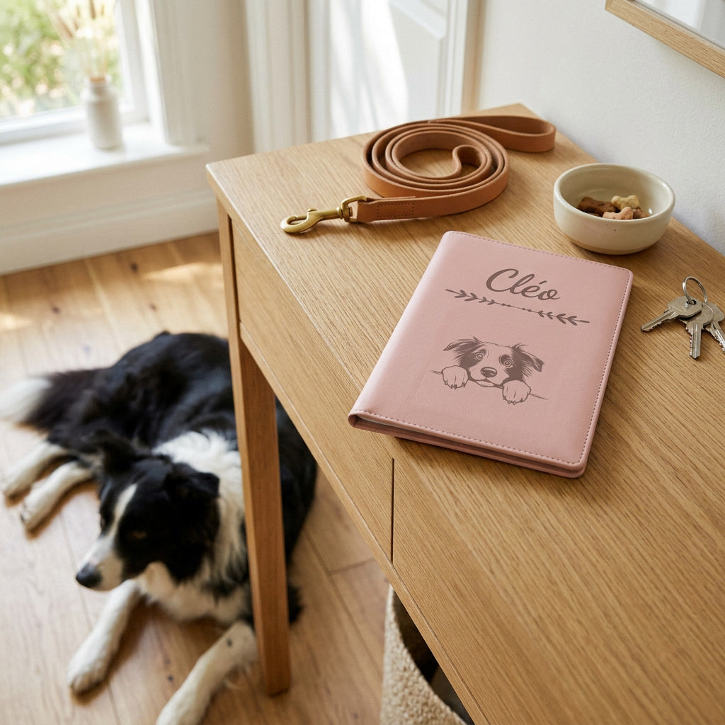 Protège carnet de santé chien personnalisé – Border collie — fermé, gravé « Cléo » avec le border collie, sur une console d'entrée à côté d'une laisse, un border collie couché à côté (visuel de mise en scène, coloris Rose dragée)