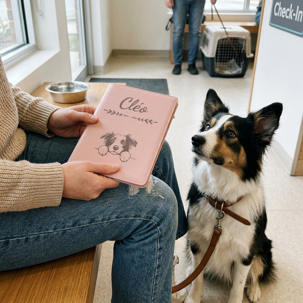 Protège carnet de santé chien personnalisé – Border collie — fermé, gravé « Cléo », tenu en salle d'attente chez le vétérinaire, un border collie assis à côté (visuel de mise en scène, coloris Rose dragée)
