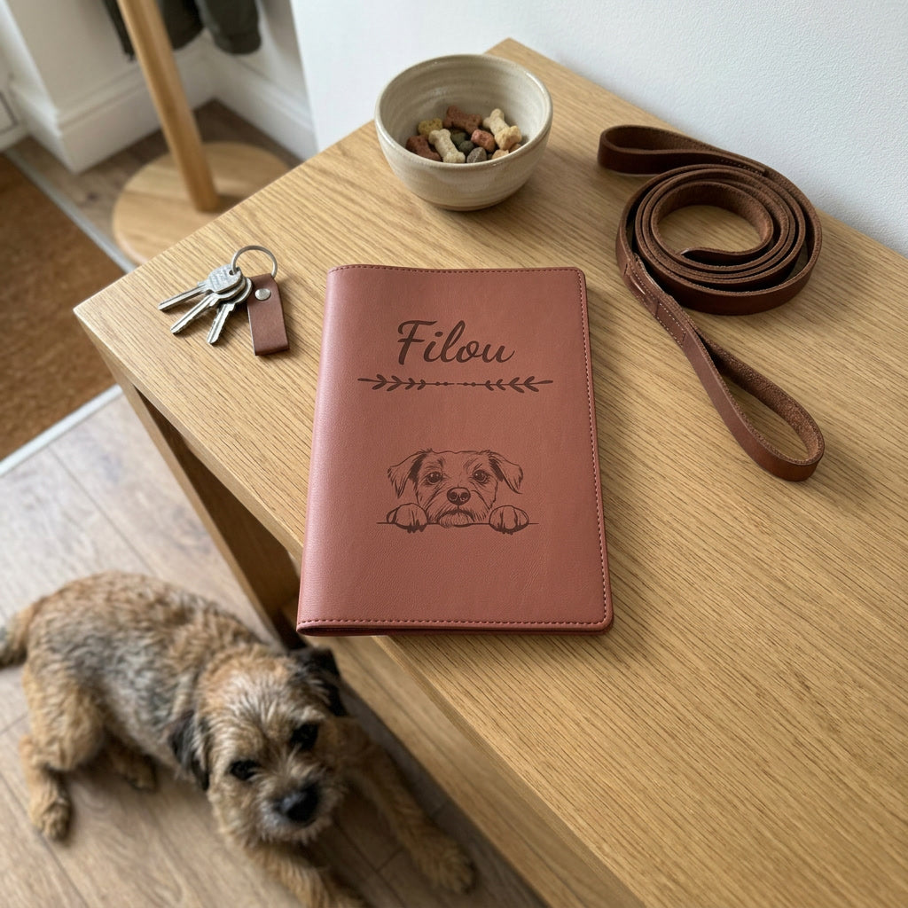 Protège carnet de santé chien personnalisé – Border terrier — fermé, gravé « Filou » avec le border terrier, sur une console d'entrée à côté d'une laisse, un border terrier couché à côté (visuel de mise en scène, coloris Chocolat)