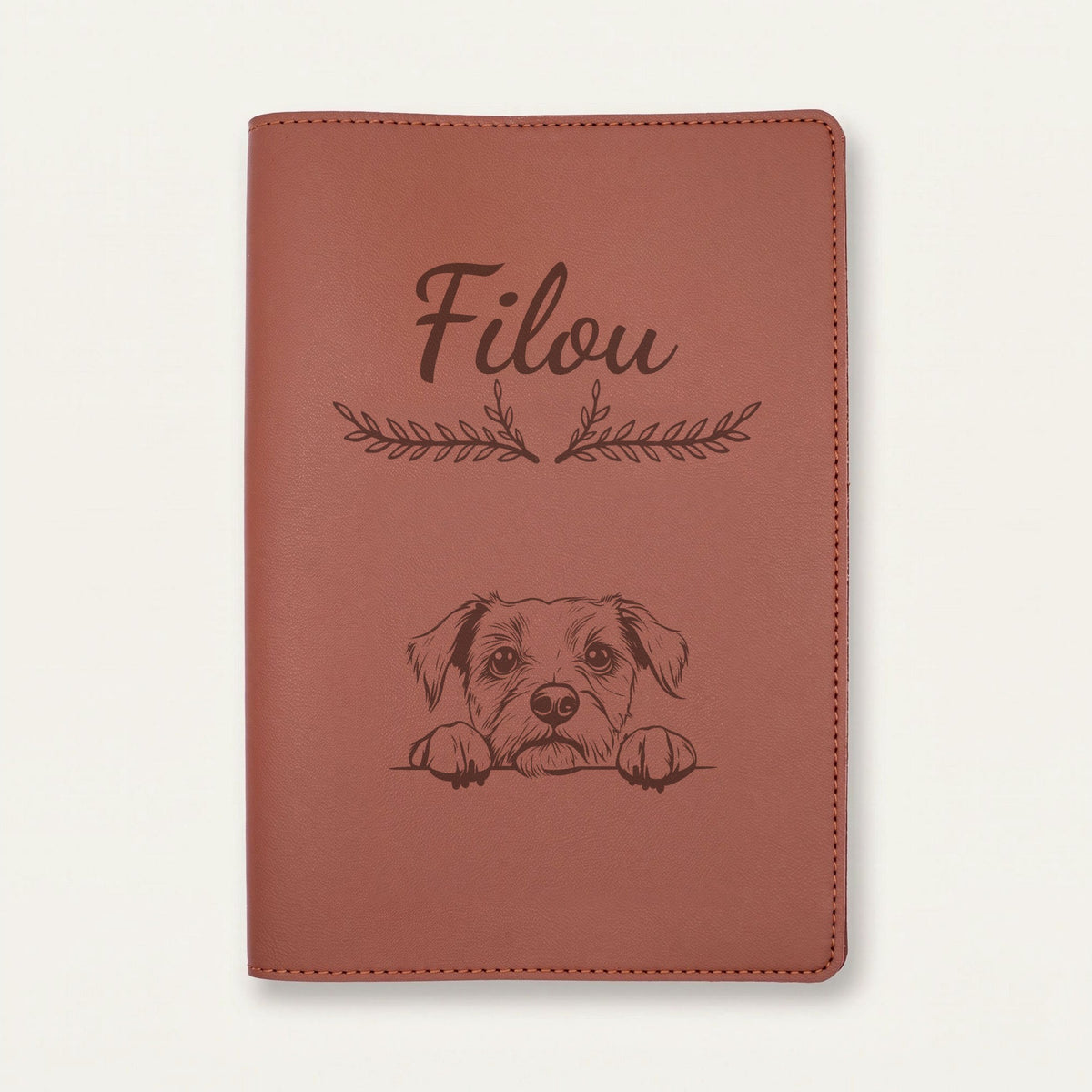 Protège carnet de santé chien personnalisé – Border terrier — Chocolat — Bouquet — gravure « Filou »