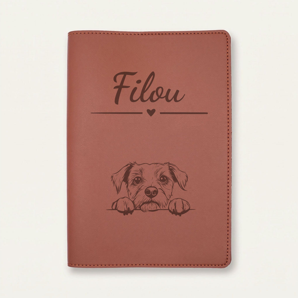 Protège carnet de santé chien personnalisé – Border terrier — Chocolat — Cœur — gravure « Filou »