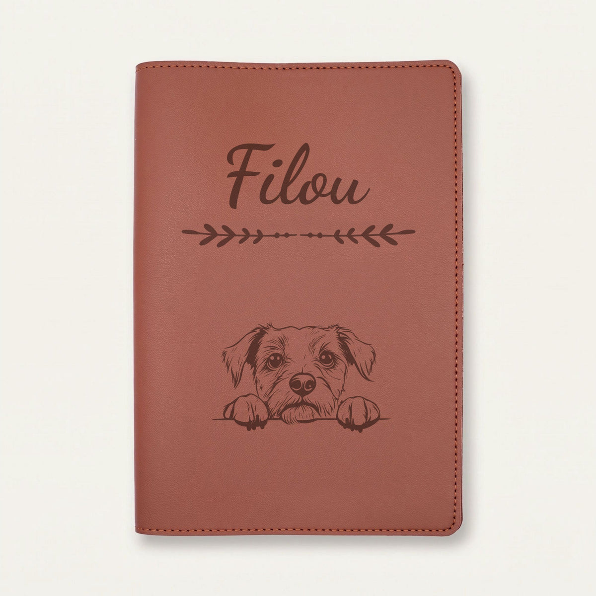 Protège carnet de santé chien personnalisé – Border terrier — Chocolat — Flèche — gravure « Filou »