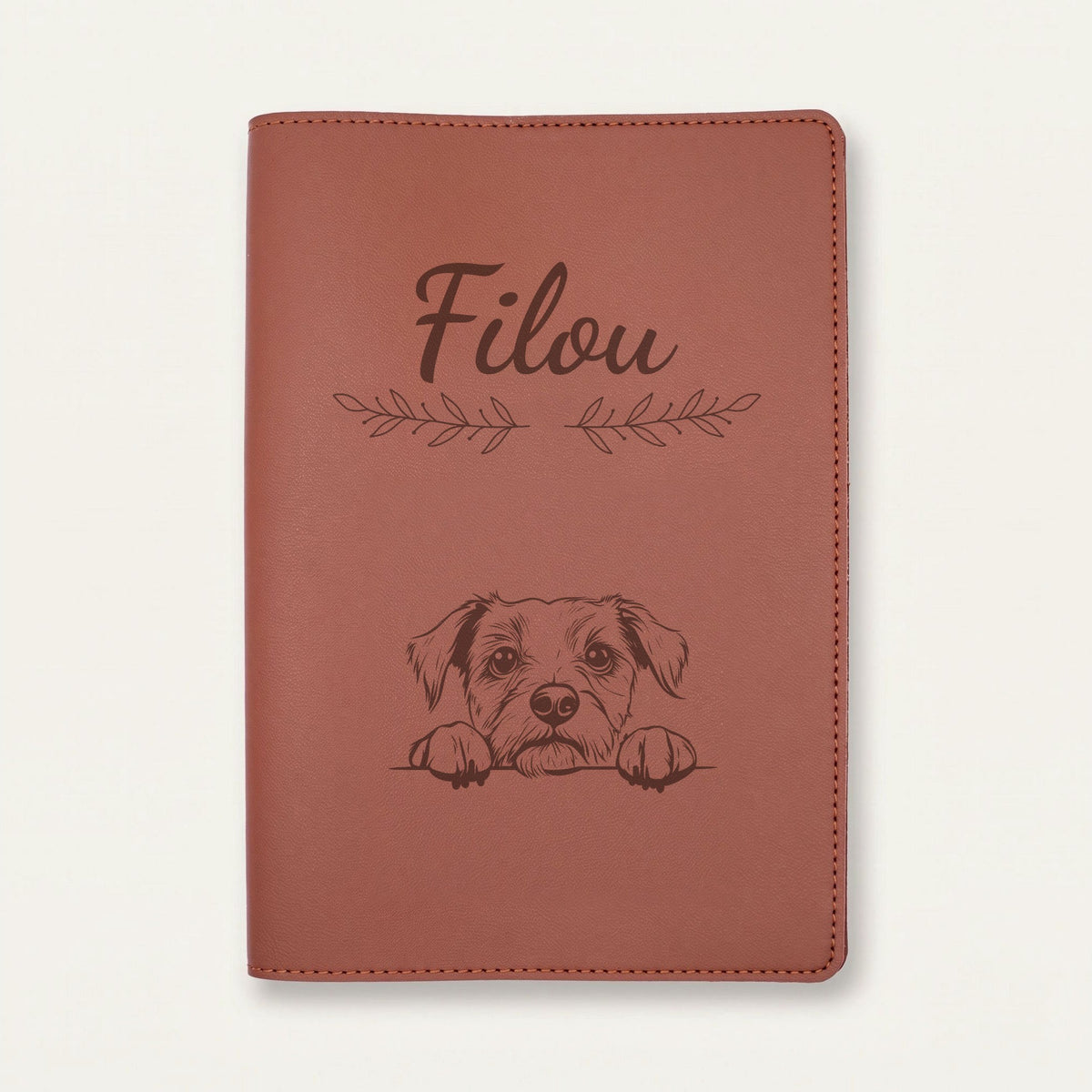 Protège carnet de santé chien personnalisé – Border terrier — Chocolat — Rameaux — gravure « Filou »