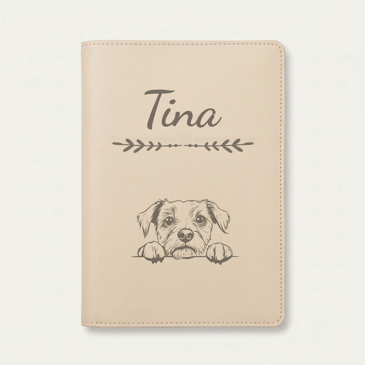 Protège carnet de santé chien personnalisé – Border terrier — Crème vanille — Flèche — gravure « Tina »