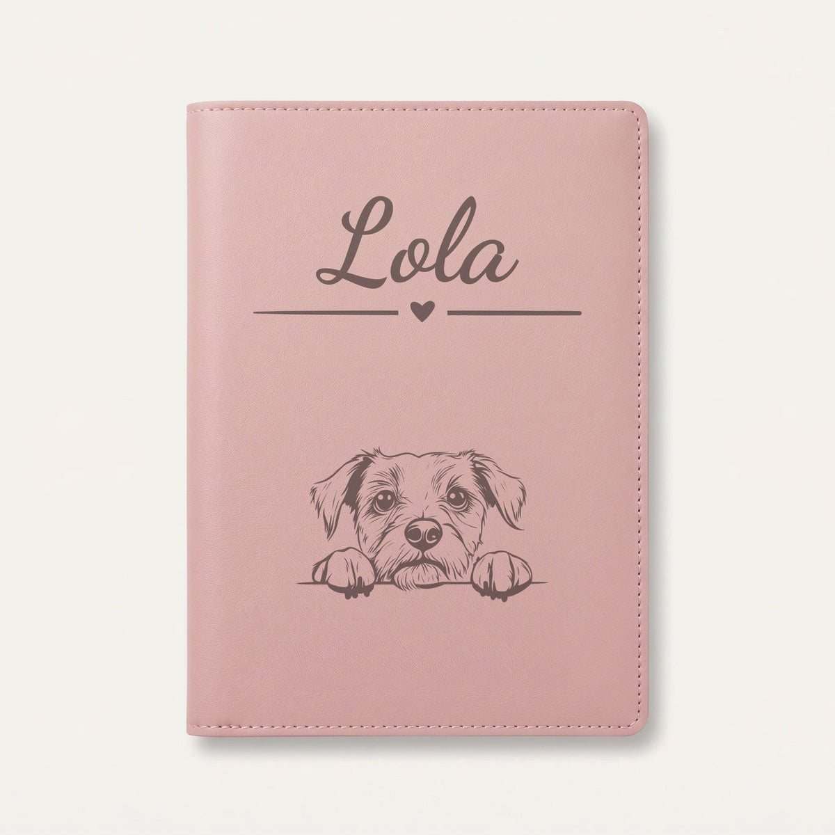 Protège carnet de santé chien personnalisé – Border terrier — Rose dragée — Cœur — gravure « Lola »