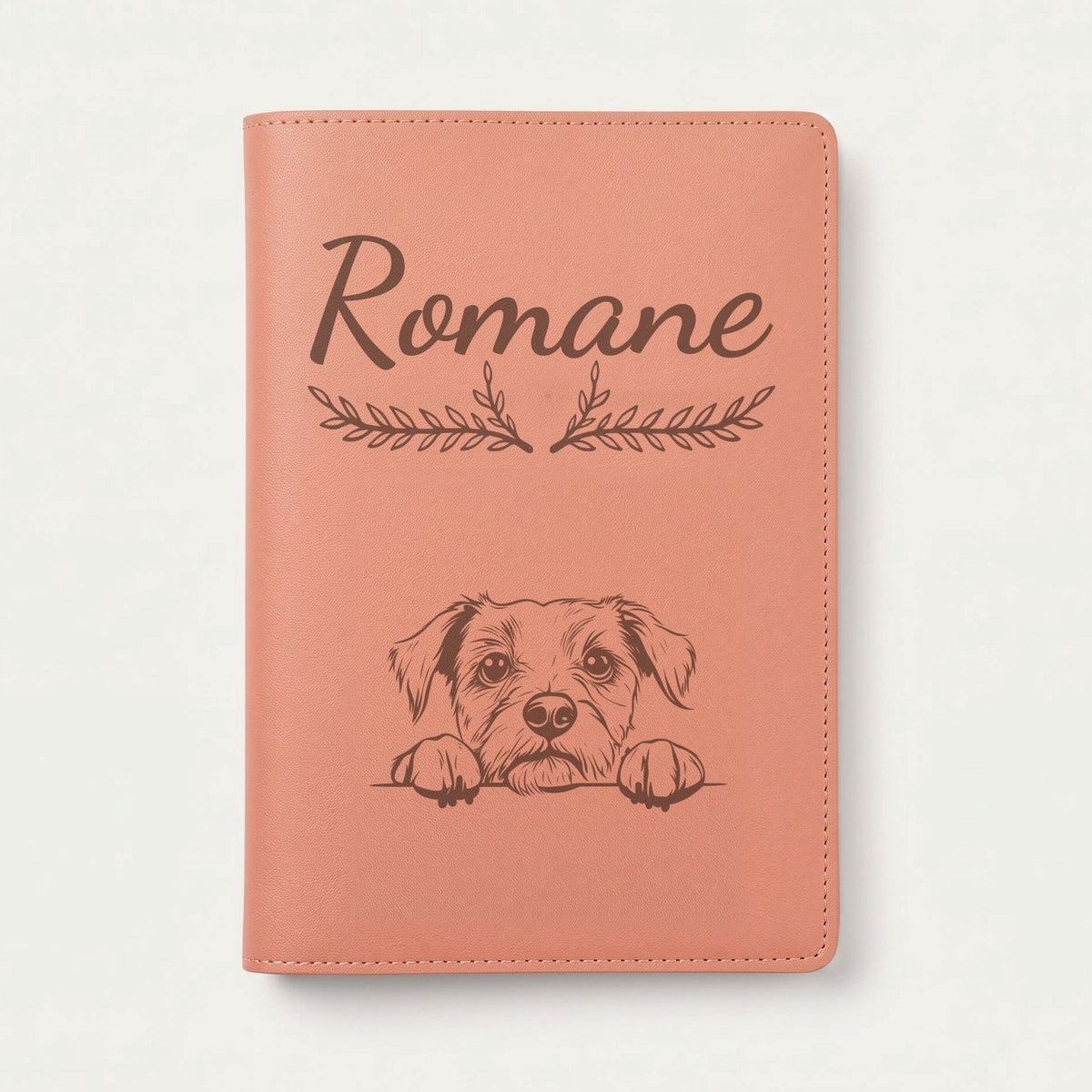 Protège carnet de santé chien personnalisé – Border terrier — Terracotta — Bouquet — gravure « Romane »