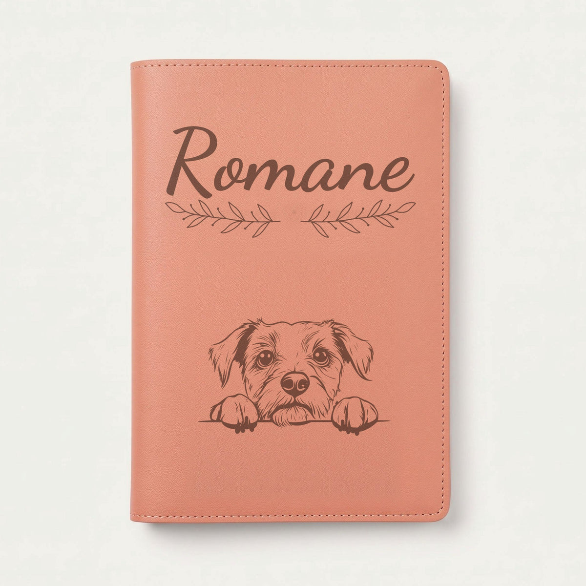 Protège carnet de santé chien personnalisé – Border terrier — Terracotta — Rameaux — gravure « Romane »