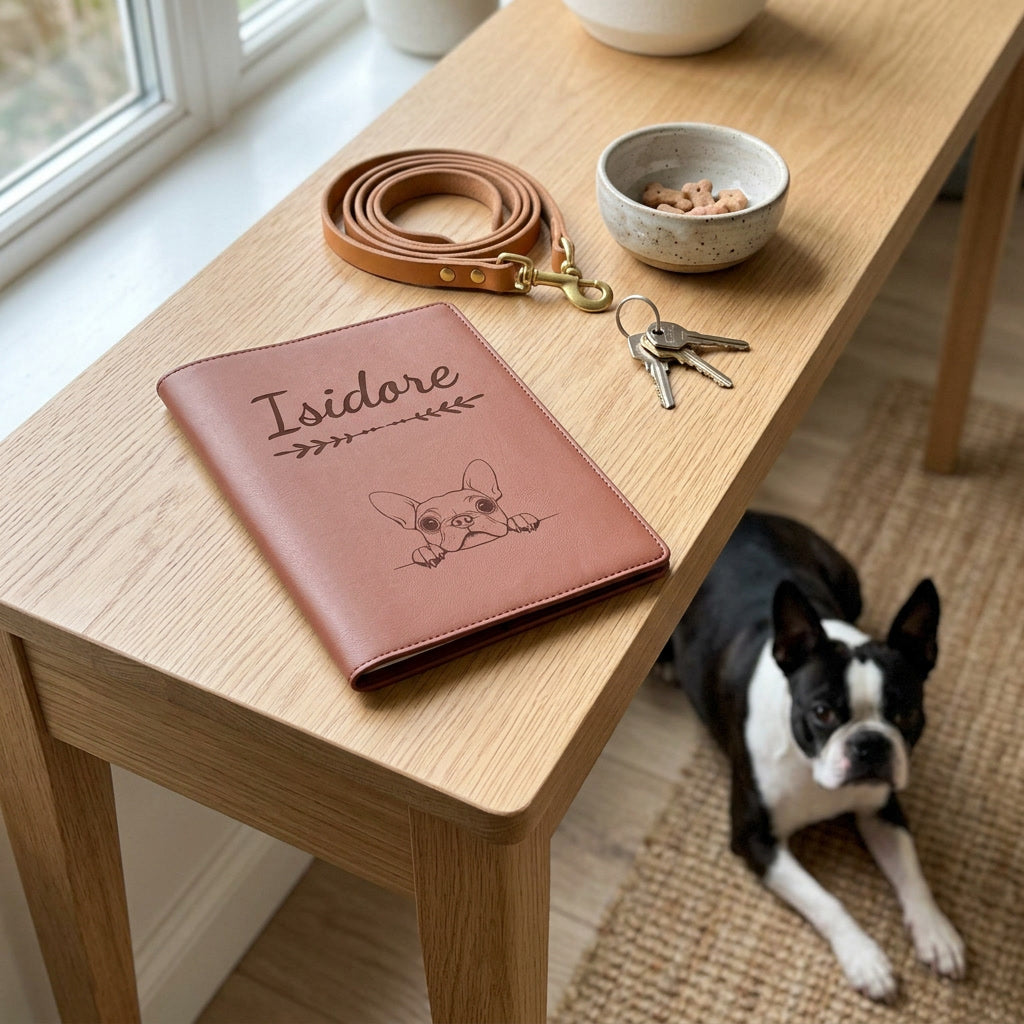 Protège carnet de santé chien personnalisé – Boston terrier — fermé, gravé « Isidore » avec le boston terrier, sur une console d'entrée à côté d'une laisse, un boston terrier couché à côté (visuel de mise en scène, coloris Chocolat)