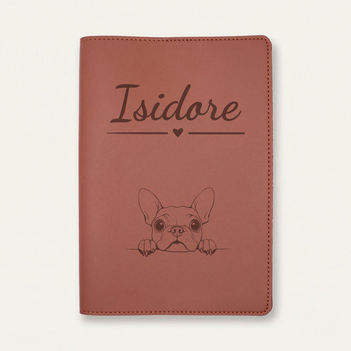 Protège carnet de santé chien personnalisé – Boston terrier — Chocolat — Cœur — gravure « Isidore »