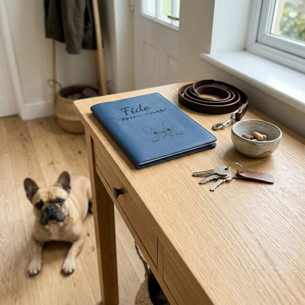 Protège carnet de santé chien personnalisé – Bouledogue français — fermé, gravé « Fido » avec le bouledogue français, sur une console d'entrée à côté d'une laisse, un bouledogue français couché à côté (visuel de mise en scène, coloris Bleu nuit)