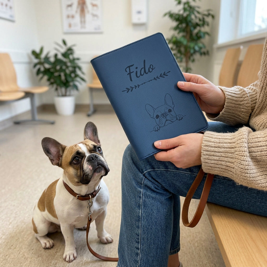 Protège carnet de santé chien personnalisé – Bouledogue français — fermé, gravé « Fido », tenu en salle d'attente chez le vétérinaire, un bouledogue français assis à côté (visuel de mise en scène, coloris Bleu nuit)