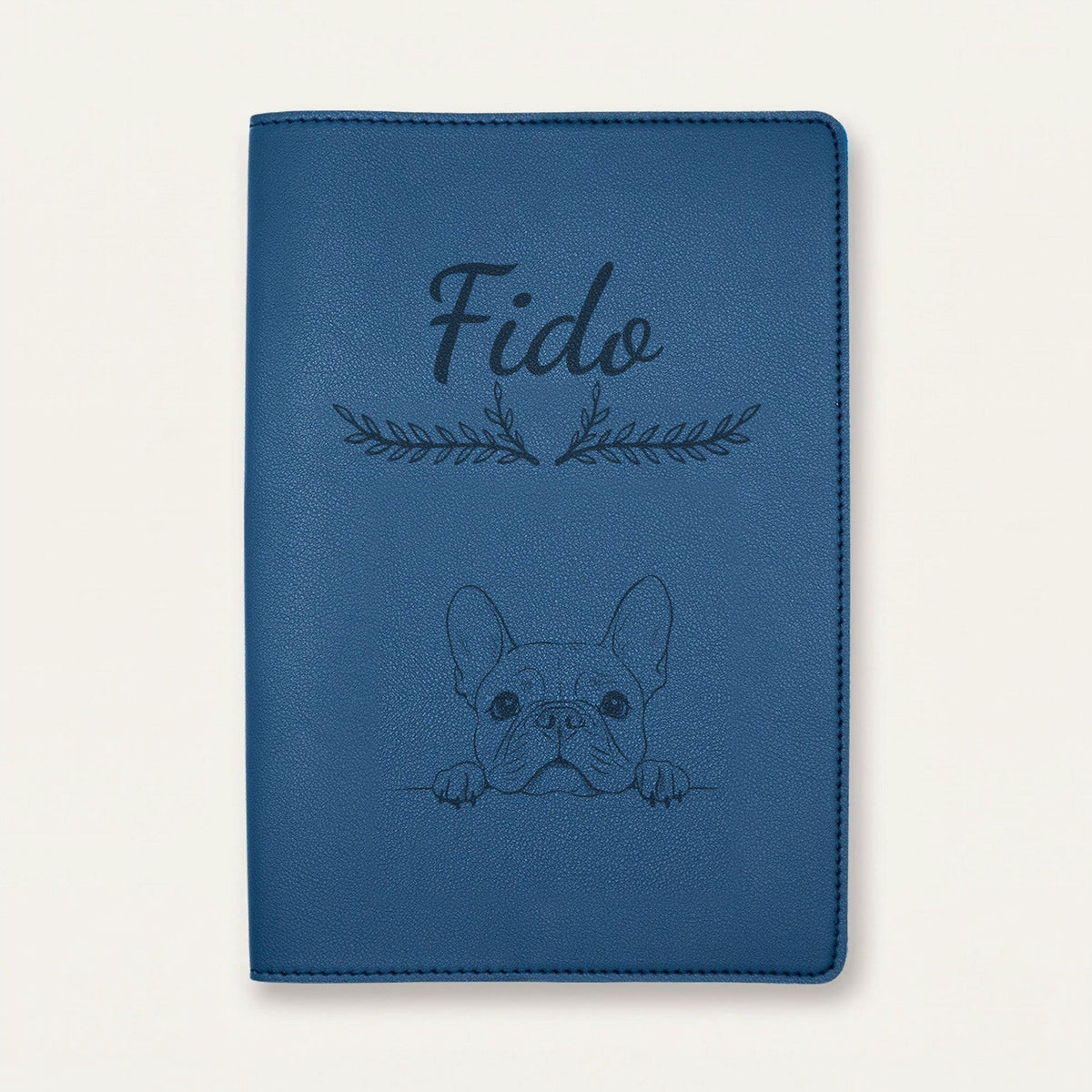Protège carnet de santé chien personnalisé – Bouledogue français — Bleu nuit — Bouquet — gravure « Fido »