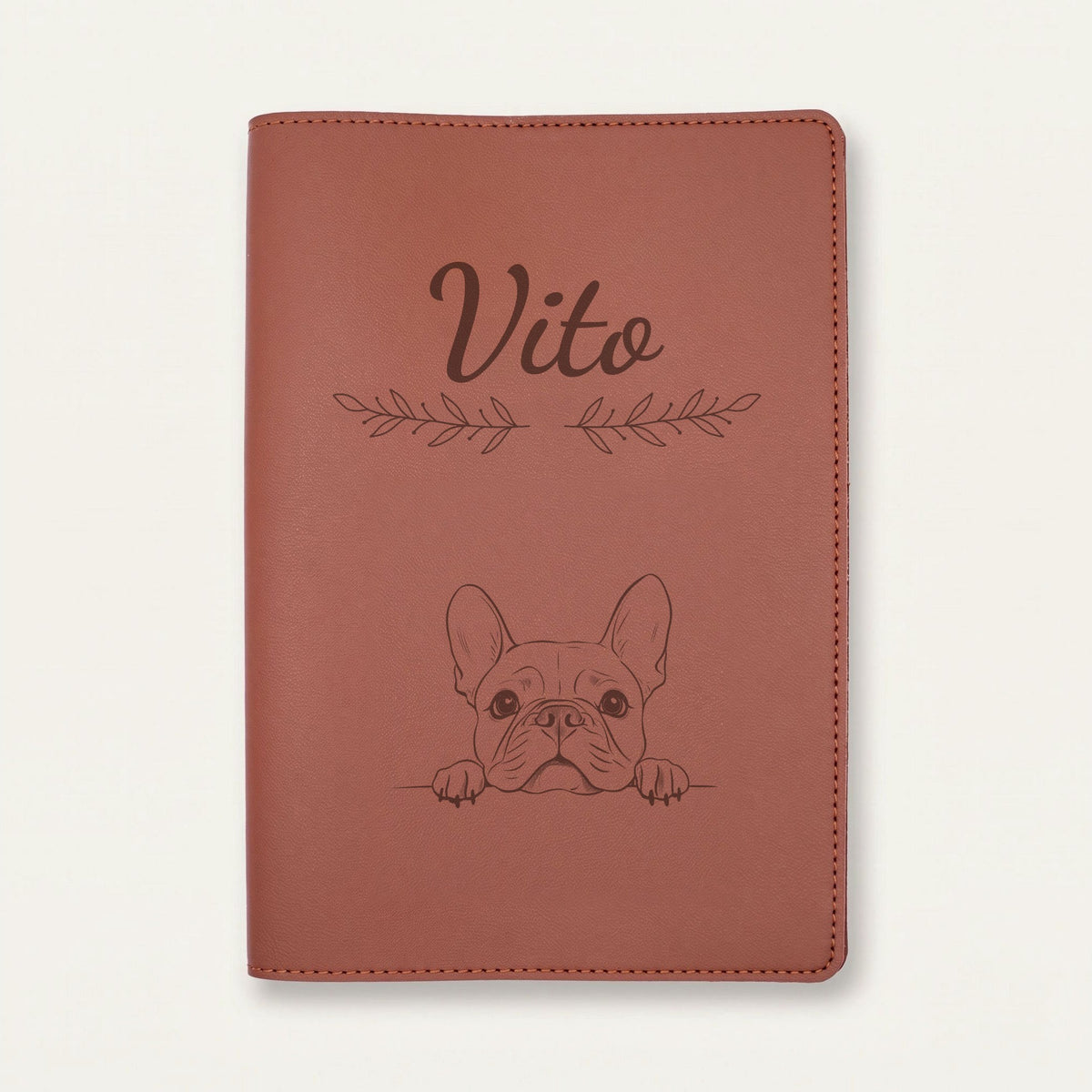 Protège carnet de santé chien personnalisé – Bouledogue français — Chocolat — Rameaux — gravure « Vito »