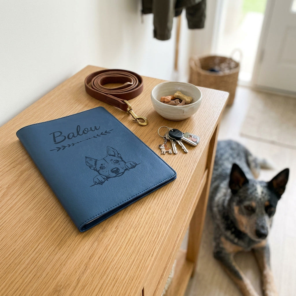 Protège carnet de santé chien personnalisé – Bouvier australien — fermé, gravé « Balou » avec le bouvier australien, sur une console d'entrée à côté d'une laisse, un bouvier australien couché à côté (visuel de mise en scène, coloris Bleu nuit)