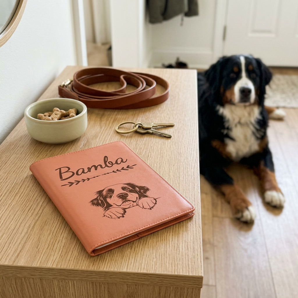 Protège carnet de santé chien personnalisé – Bouvier bernois — fermé, gravé « Bamba » avec le bouvier bernois, sur une console d'entrée à côté d'une laisse, un bouvier bernois couché à côté (visuel de mise en scène, coloris Terracotta)
