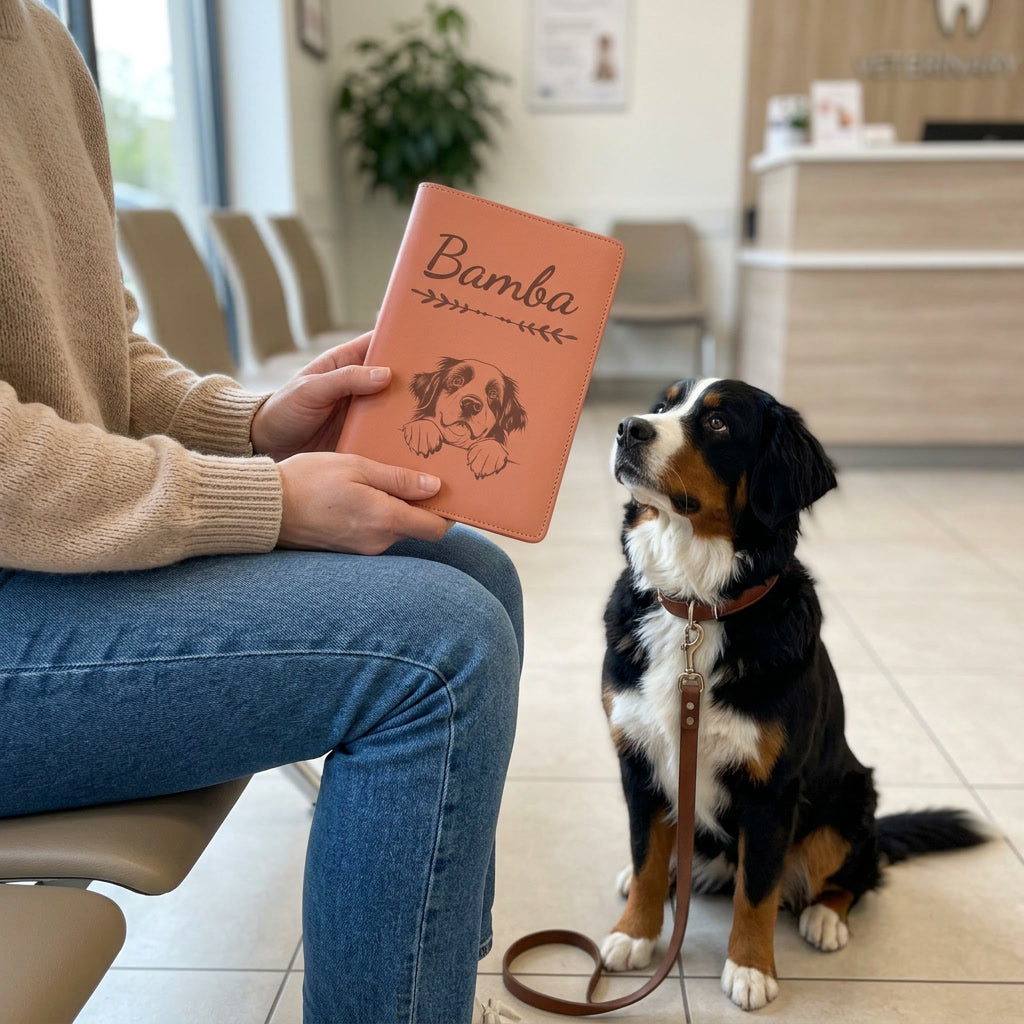 Protège carnet de santé chien personnalisé – Bouvier bernois — fermé, gravé « Bamba », tenu en salle d'attente chez le vétérinaire, un bouvier bernois assis à côté (visuel de mise en scène, coloris Terracotta)