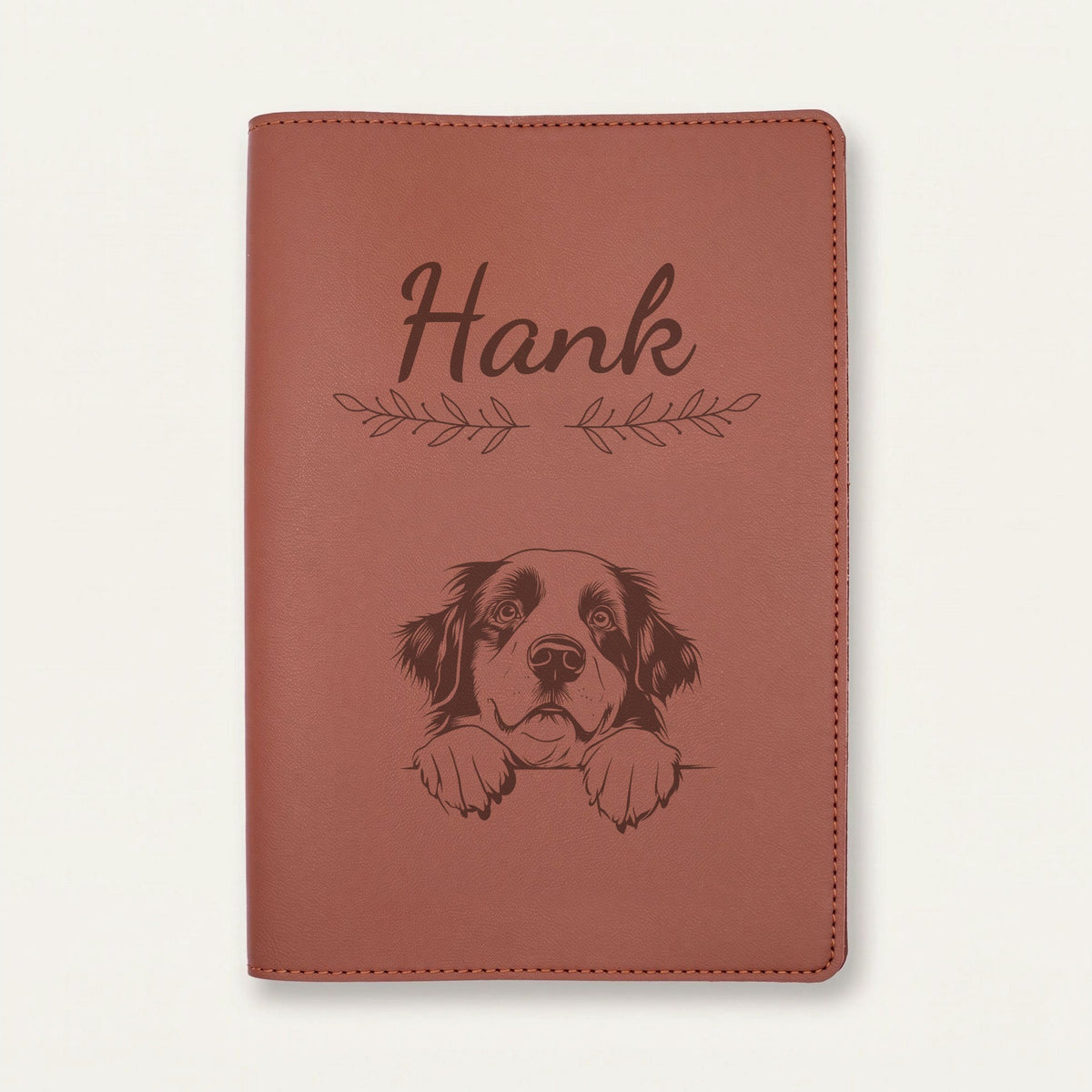 Protège carnet de santé chien personnalisé – Bouvier bernois — Chocolat — Rameaux — gravure « Hank »