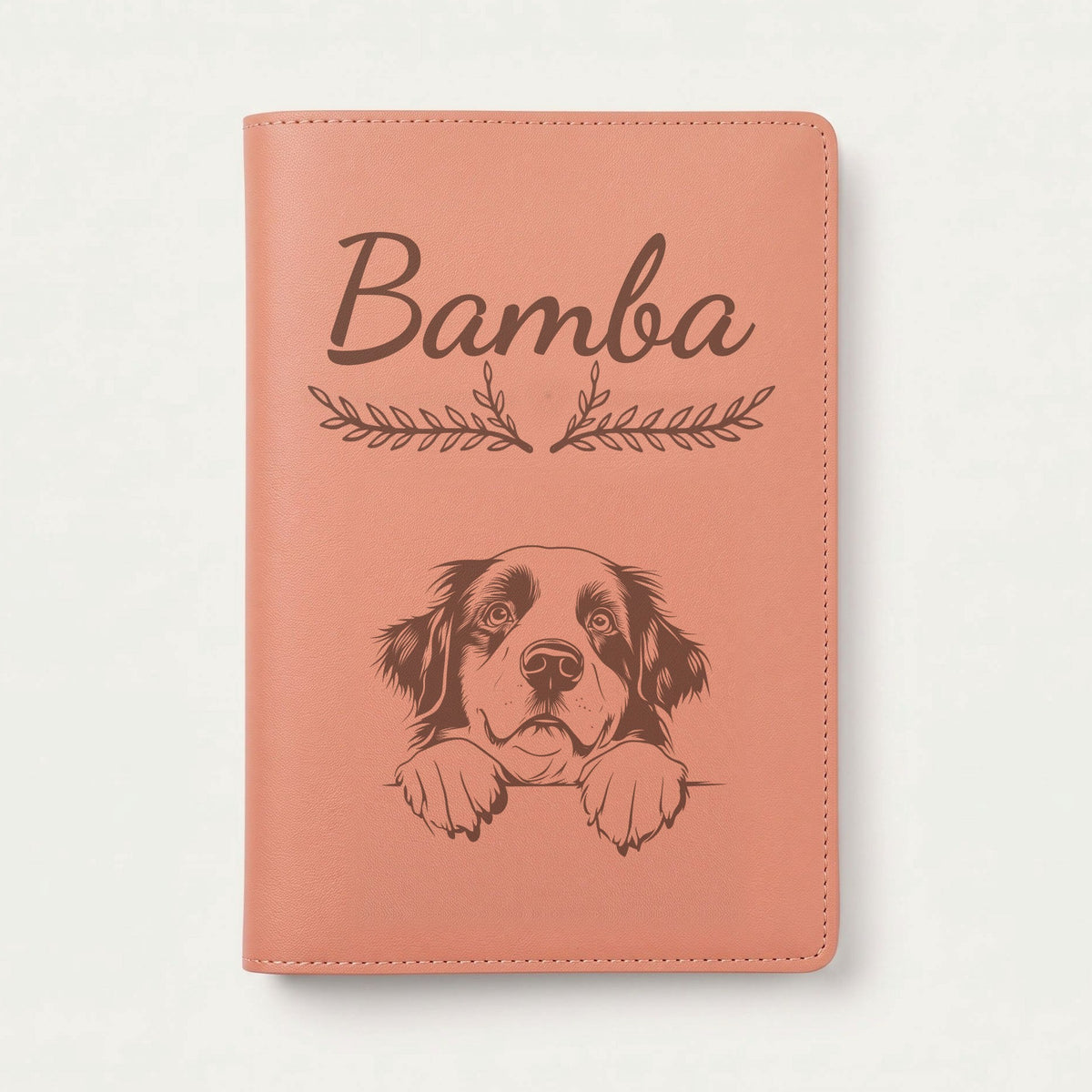 Protège carnet de santé chien personnalisé – Bouvier bernois — Terracotta — Bouquet — gravure « Bamba »