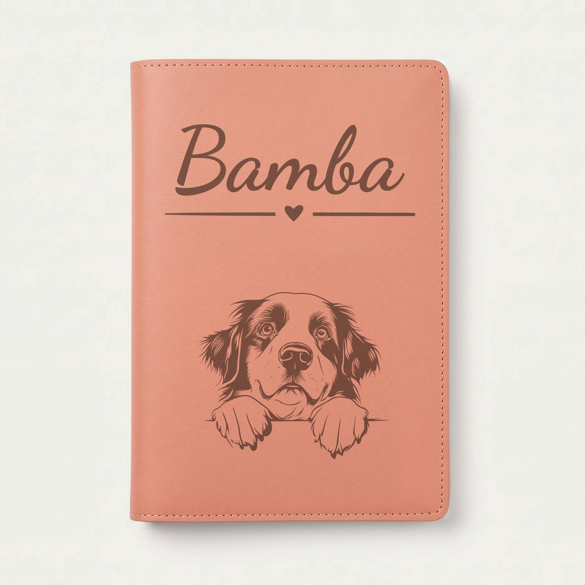 Protège carnet de santé chien personnalisé – Bouvier bernois — Terracotta — Cœur — gravure « Bamba »