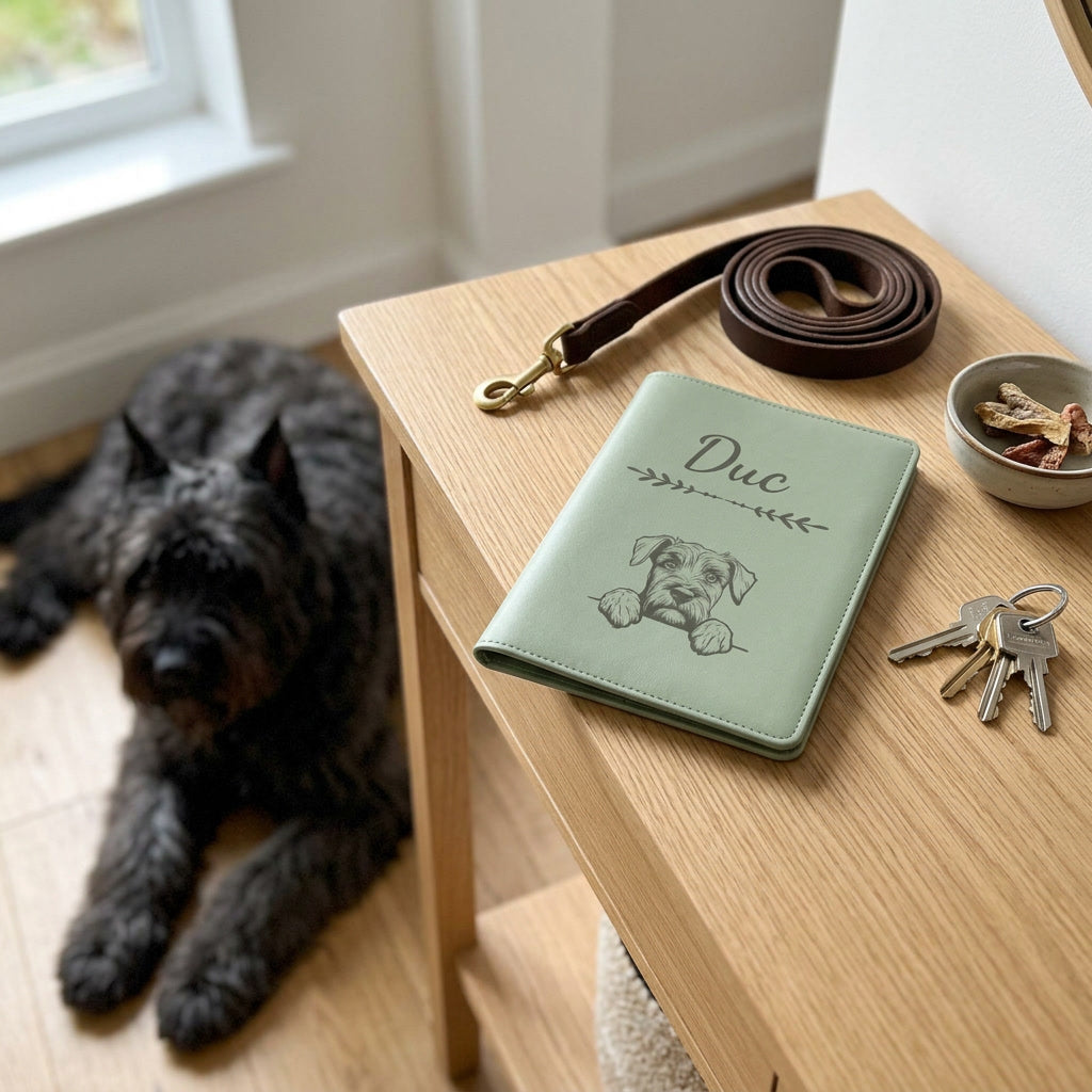 Protège carnet de santé chien personnalisé – Bouvier des Flandres — fermé, gravé « Duc » avec le bouvier des Flandres, sur une console d'entrée à côté d'une laisse, un bouvier des Flandres couché à côté (visuel de mise en scène, coloris Vert sauge)