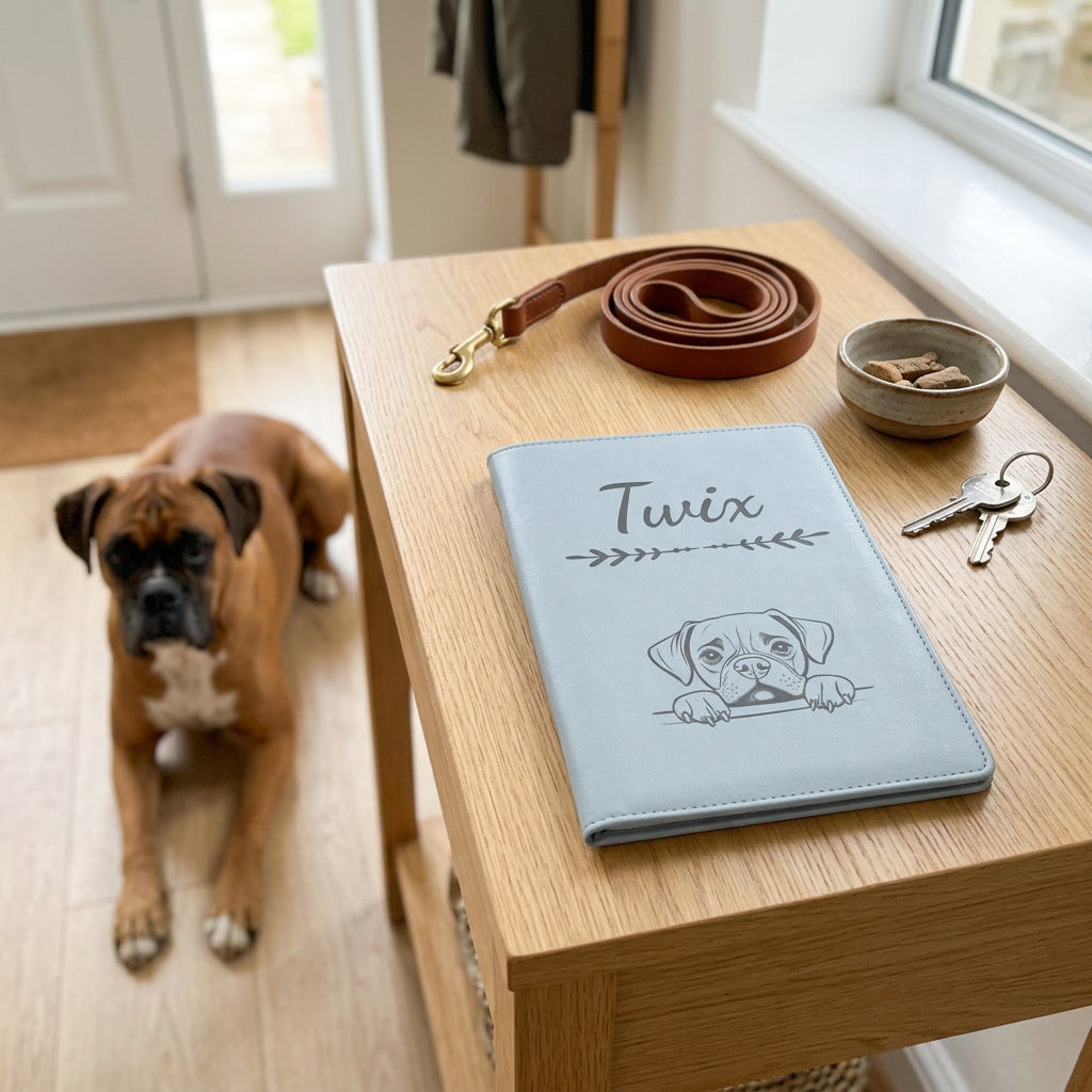 Protège carnet de santé chien personnalisé – Boxer — fermé, gravé « Twix » avec le boxer, sur une console d'entrée à côté d'une laisse, un boxer couché à côté (visuel de mise en scène, coloris Bleu nuage)