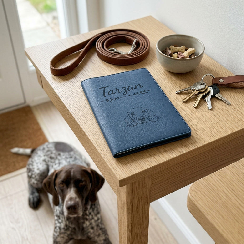 Protège carnet de santé chien personnalisé – Braque allemand — fermé, gravé « Tarzan » avec le braque allemand, sur une console d'entrée à côté d'une laisse, un braque allemand couché à côté (visuel de mise en scène, coloris Bleu nuit)