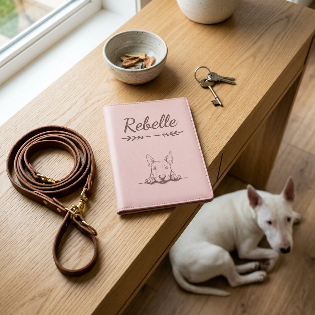 Protège carnet de santé chien personnalisé – Bull terrier — fermé, gravé « Rebelle » avec le bull terrier, sur une console d'entrée à côté d'une laisse, un bull terrier couché à côté (visuel de mise en scène, coloris Rose dragée)