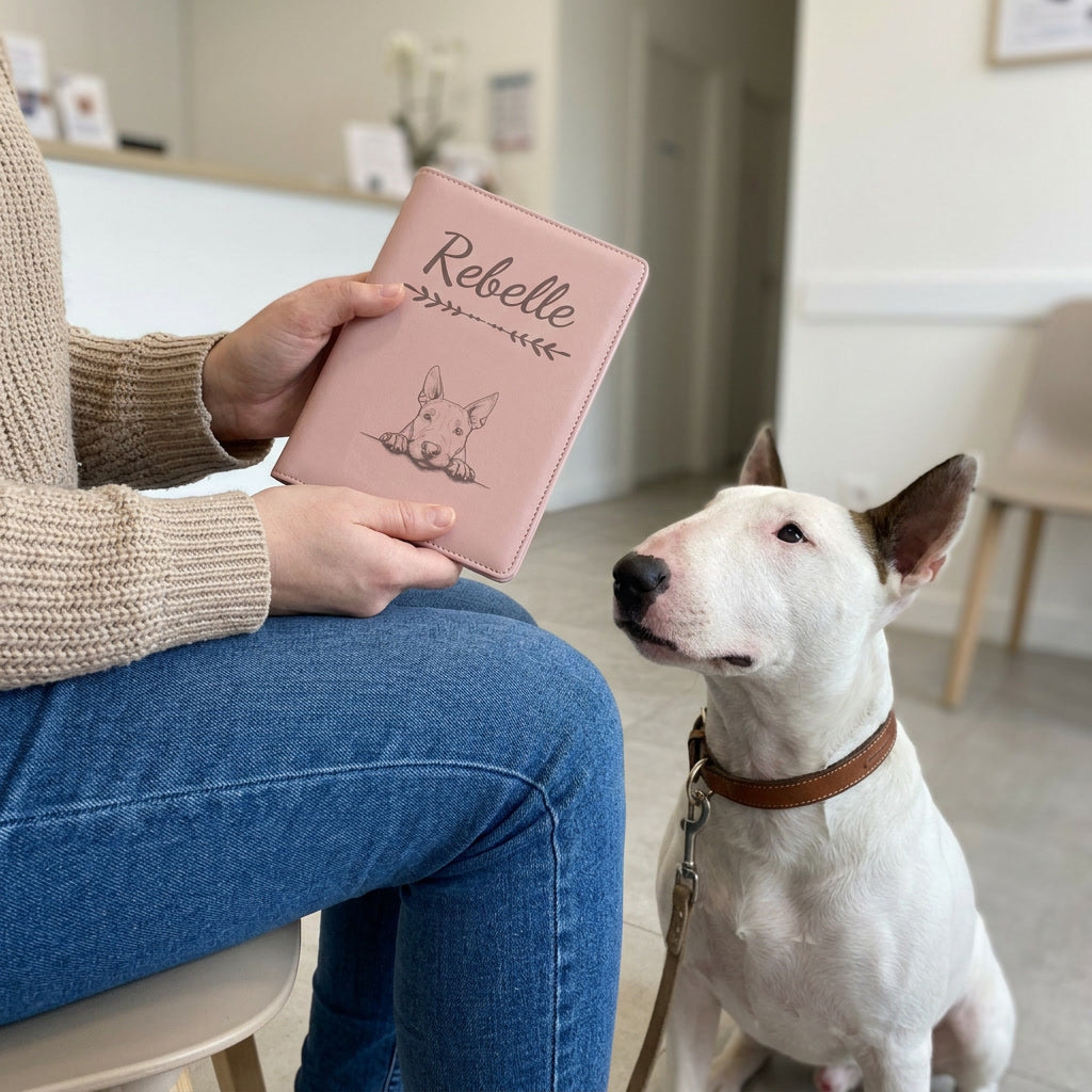 Protège carnet de santé chien personnalisé – Bull terrier — fermé, gravé « Rebelle », tenu en salle d'attente chez le vétérinaire, un bull terrier assis à côté (visuel de mise en scène, coloris Rose dragée)