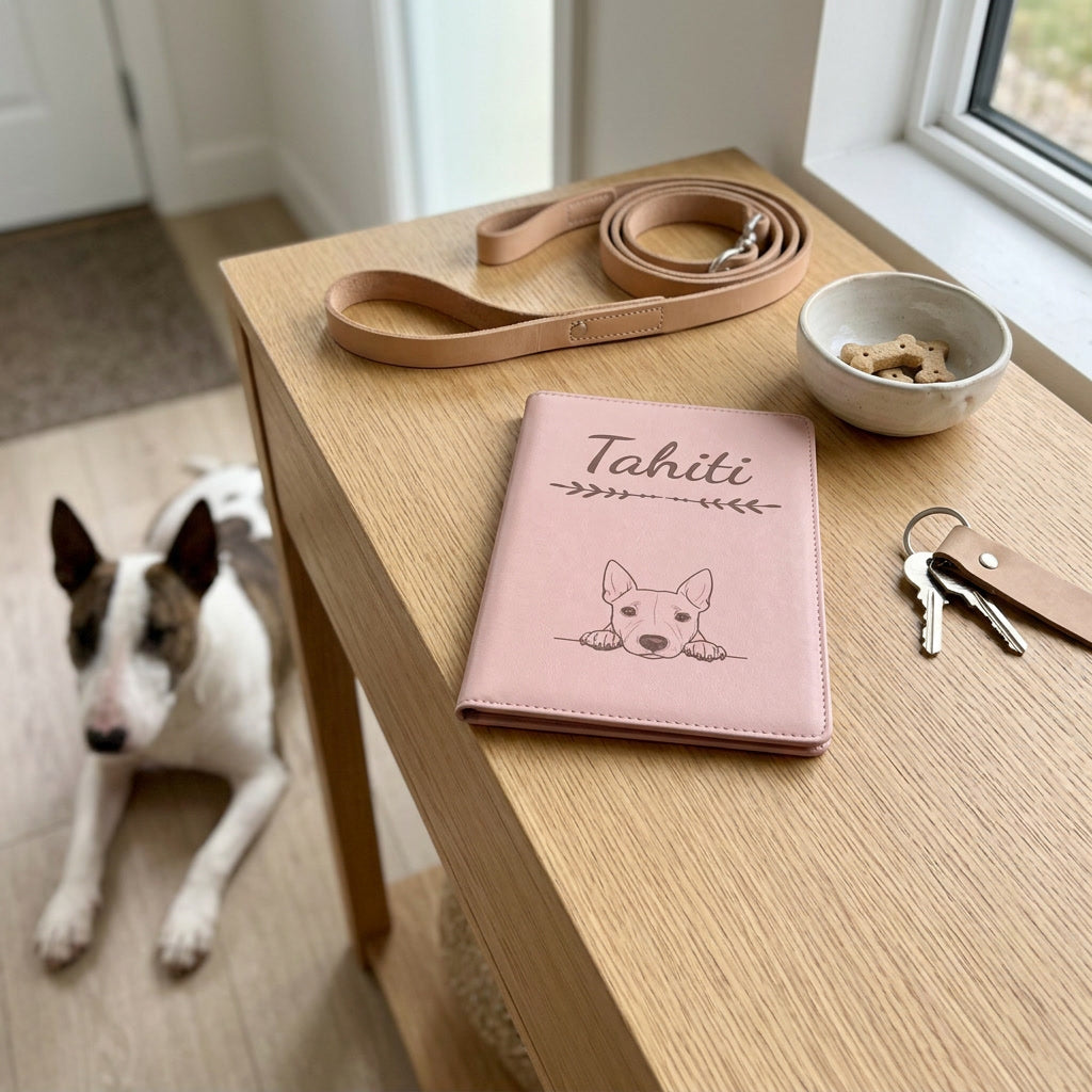 Protège carnet de santé chien personnalisé – Bull terrier miniature — fermé, gravé « Tahiti » avec le bull terrier miniature, sur une console d'entrée à côté d'une laisse, un bull terrier miniature couché à côté (visuel de mise en scène, coloris Rose dragée)