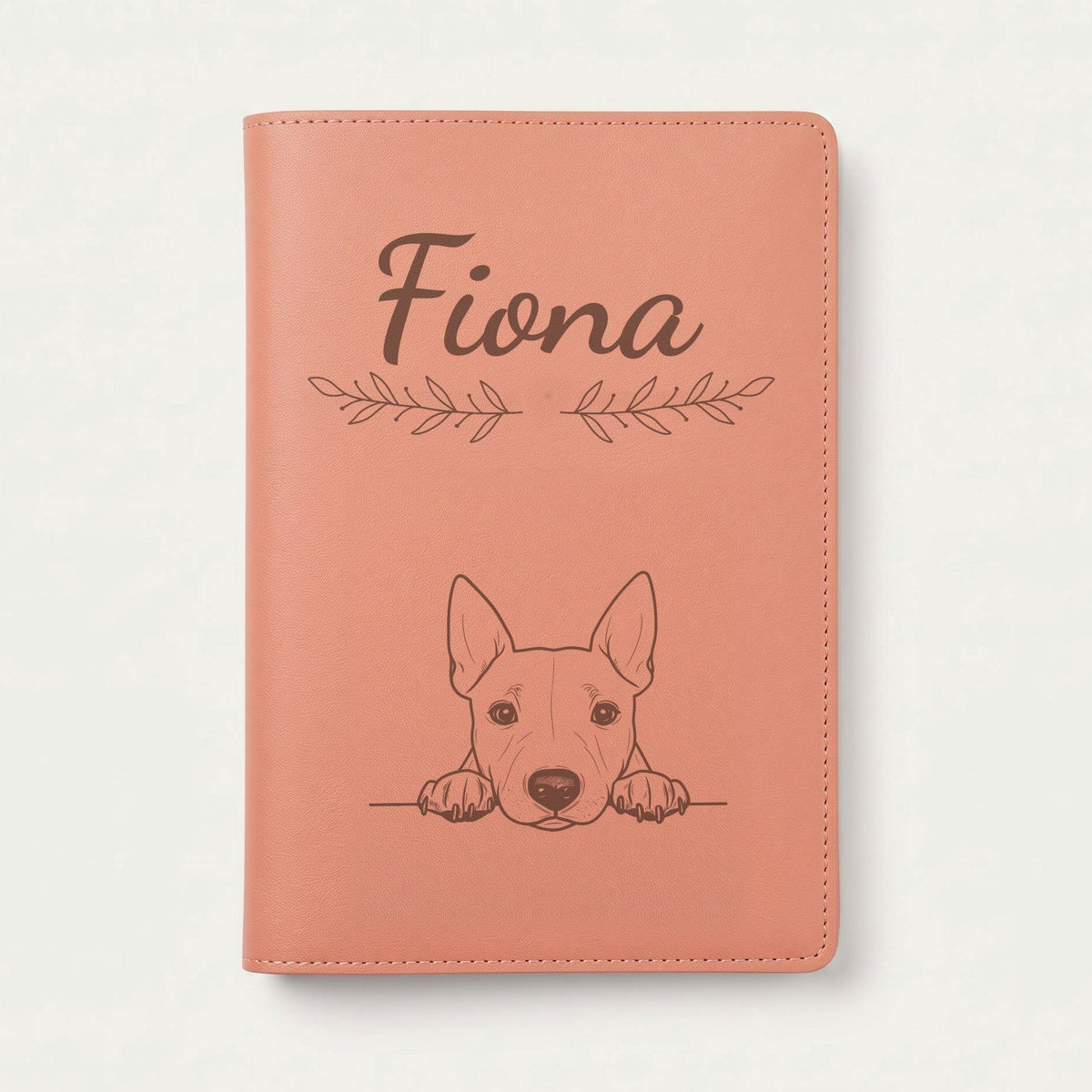 Protège carnet de santé chien personnalisé – Bull terrier miniature — Terracotta — Rameaux — gravure « Fiona »