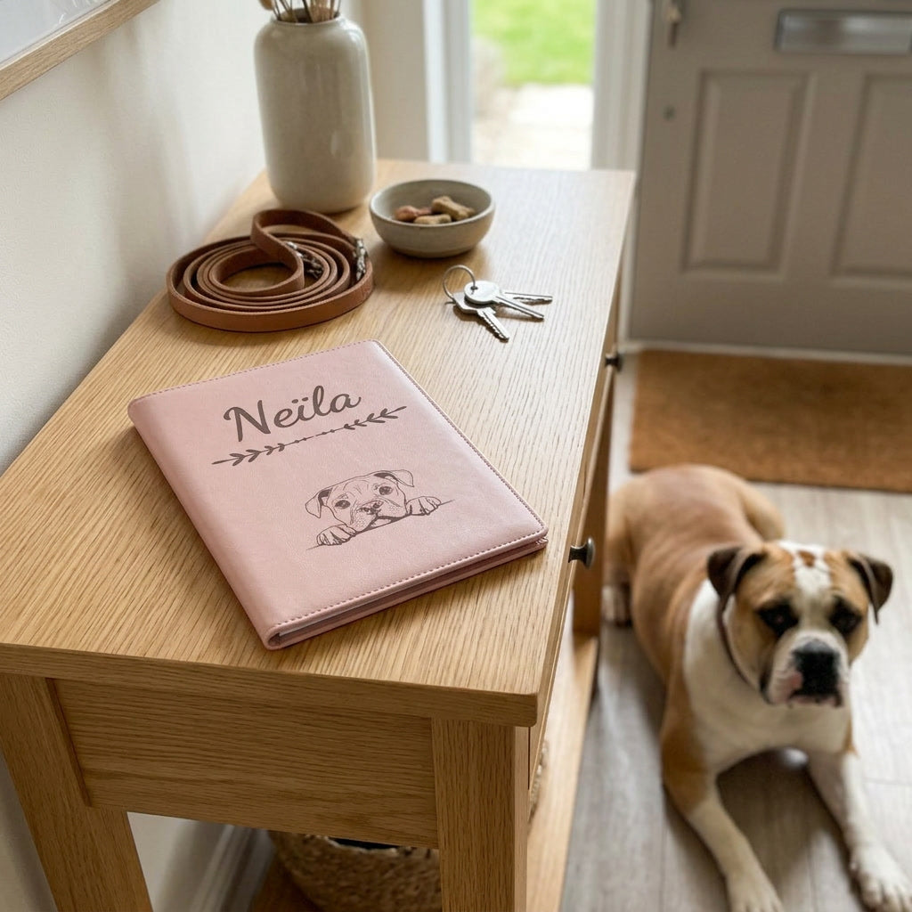 Protège carnet de santé chien personnalisé – Bulldog américain — fermé, gravé « Neïla » avec le bulldog américain, sur une console d'entrée à côté d'une laisse, un bulldog américain couché à côté (visuel de mise en scène, coloris Rose dragée)