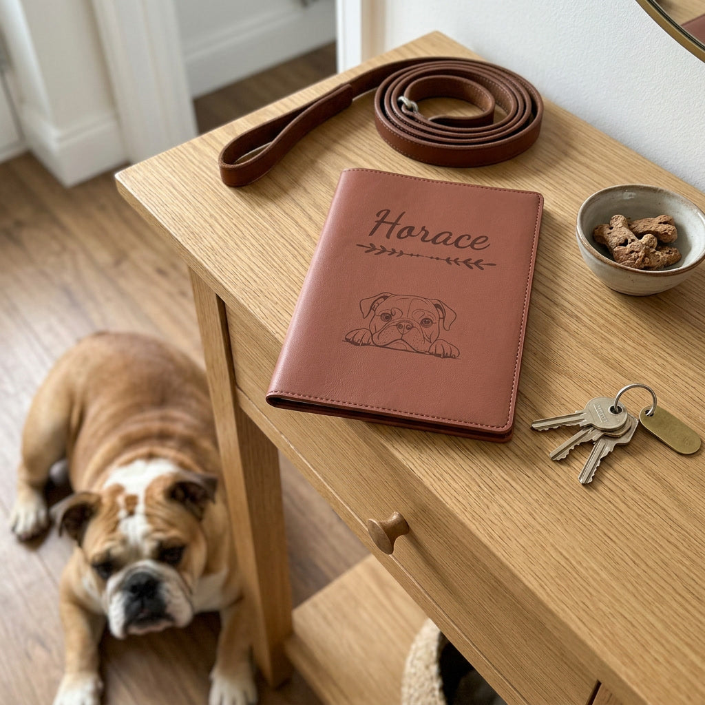 Protège carnet de santé chien personnalisé – Bulldog anglais — fermé, gravé « Horace » avec le bulldog anglais, sur une console d'entrée à côté d'une laisse, un bulldog anglais couché à côté (visuel de mise en scène, coloris Chocolat)