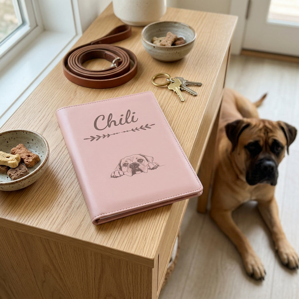 Protège carnet de santé chien personnalisé – Bullmastiff — fermé, gravé « Chili » avec le bullmastiff, sur une console d'entrée à côté d'une laisse, un bullmastiff couché à côté (visuel de mise en scène, coloris Rose dragée)