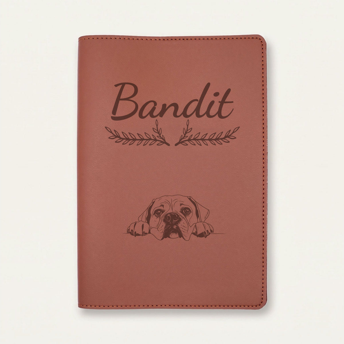 Protège carnet de santé chien personnalisé – Bullmastiff — Chocolat — Bouquet — gravure « Bandit »