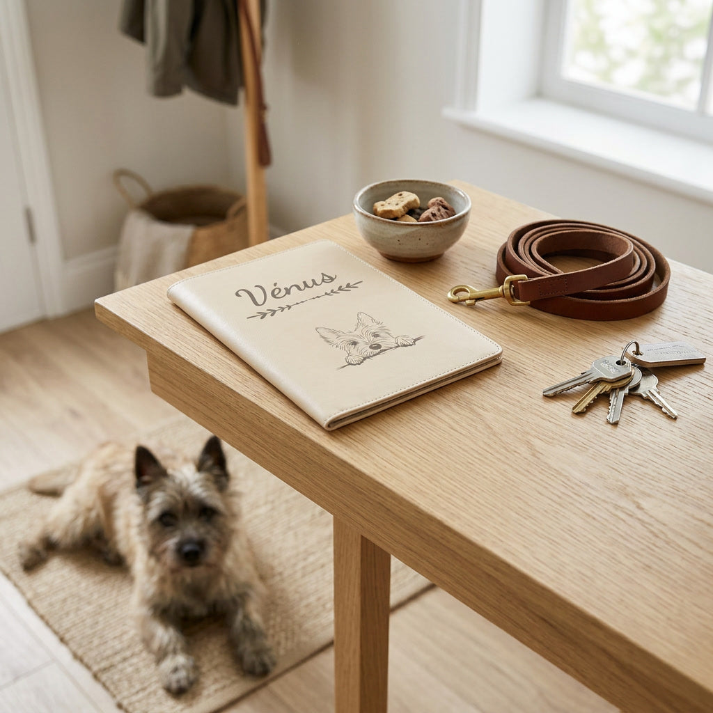 Protège carnet de santé chien personnalisé – Cairn terrier — fermé, gravé « Vénus » avec le cairn terrier, sur une console d'entrée à côté d'une laisse, un cairn terrier couché à côté (visuel de mise en scène, coloris Crème vanille)