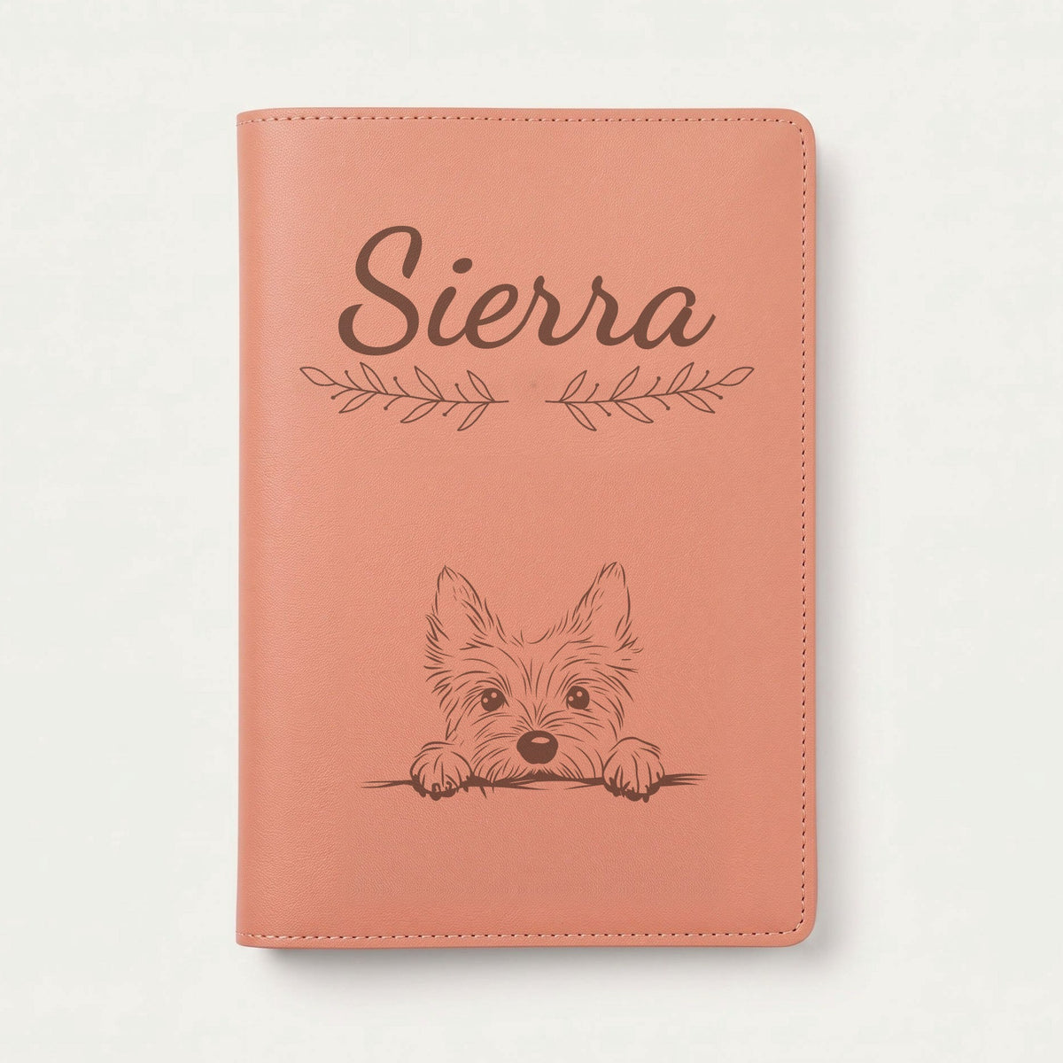 Protège carnet de santé chien personnalisé – Cairn terrier — Terracotta — Rameaux — gravure « Sierra »