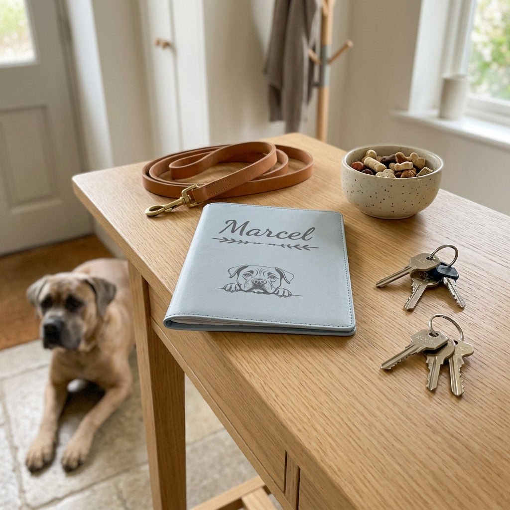 Protège carnet de santé chien personnalisé – Cane corso — fermé, gravé « Marcel » avec le cane corso, sur une console d'entrée à côté d'une laisse, un cane corso couché à côté (visuel de mise en scène, coloris Bleu nuage)