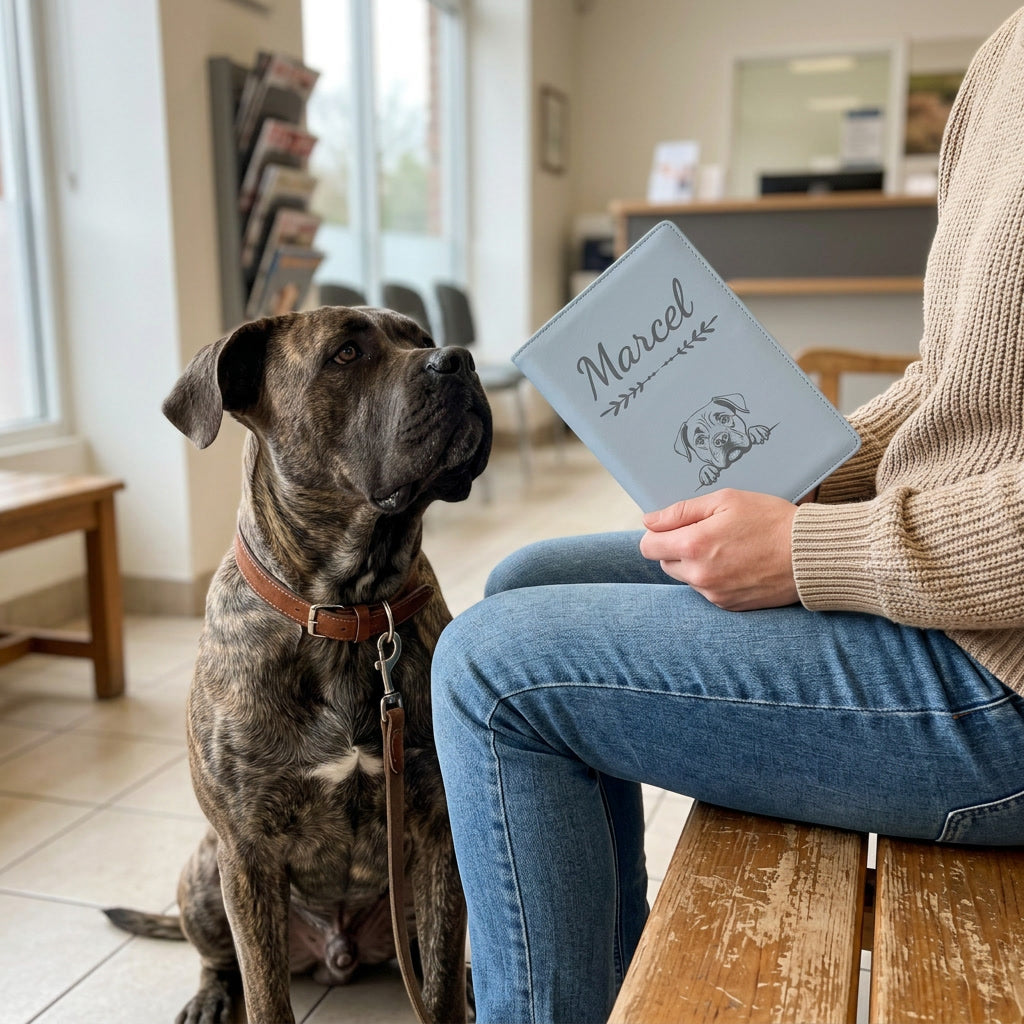 Protège carnet de santé chien personnalisé – Cane corso — fermé, gravé « Marcel », tenu en salle d'attente chez le vétérinaire, un cane corso assis à côté (visuel de mise en scène, coloris Bleu nuage)