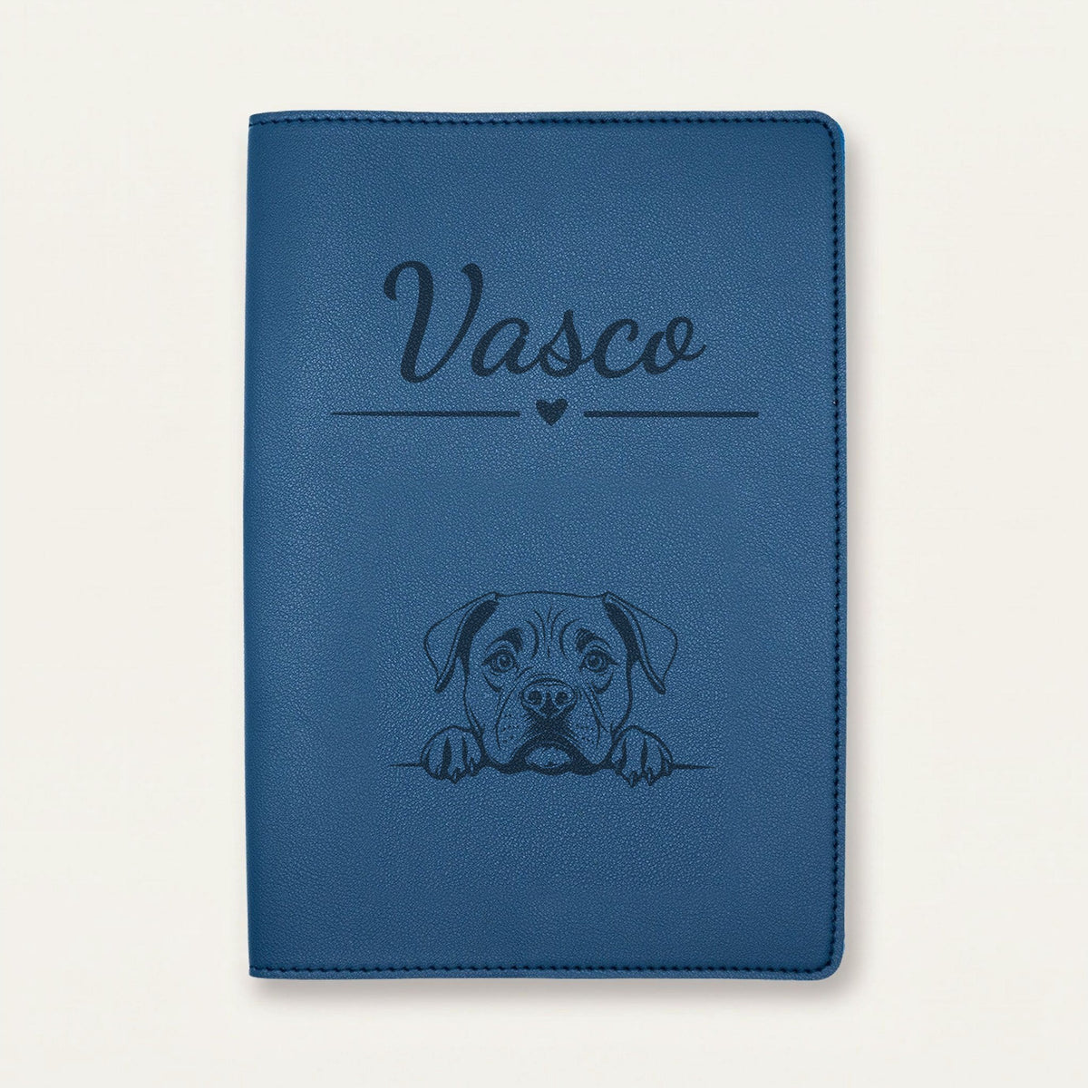 Protège carnet de santé chien personnalisé – Cane corso — Bleu nuit — Cœur — gravure « Vasco »